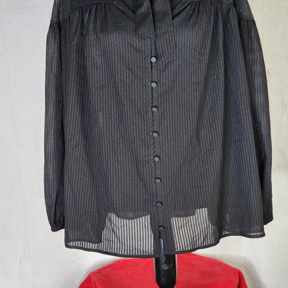 Time and Tru Black Soot Long Sleeve Tie Neck Polyester Relaxed Fit Button Up Top - Picture 5 of 16